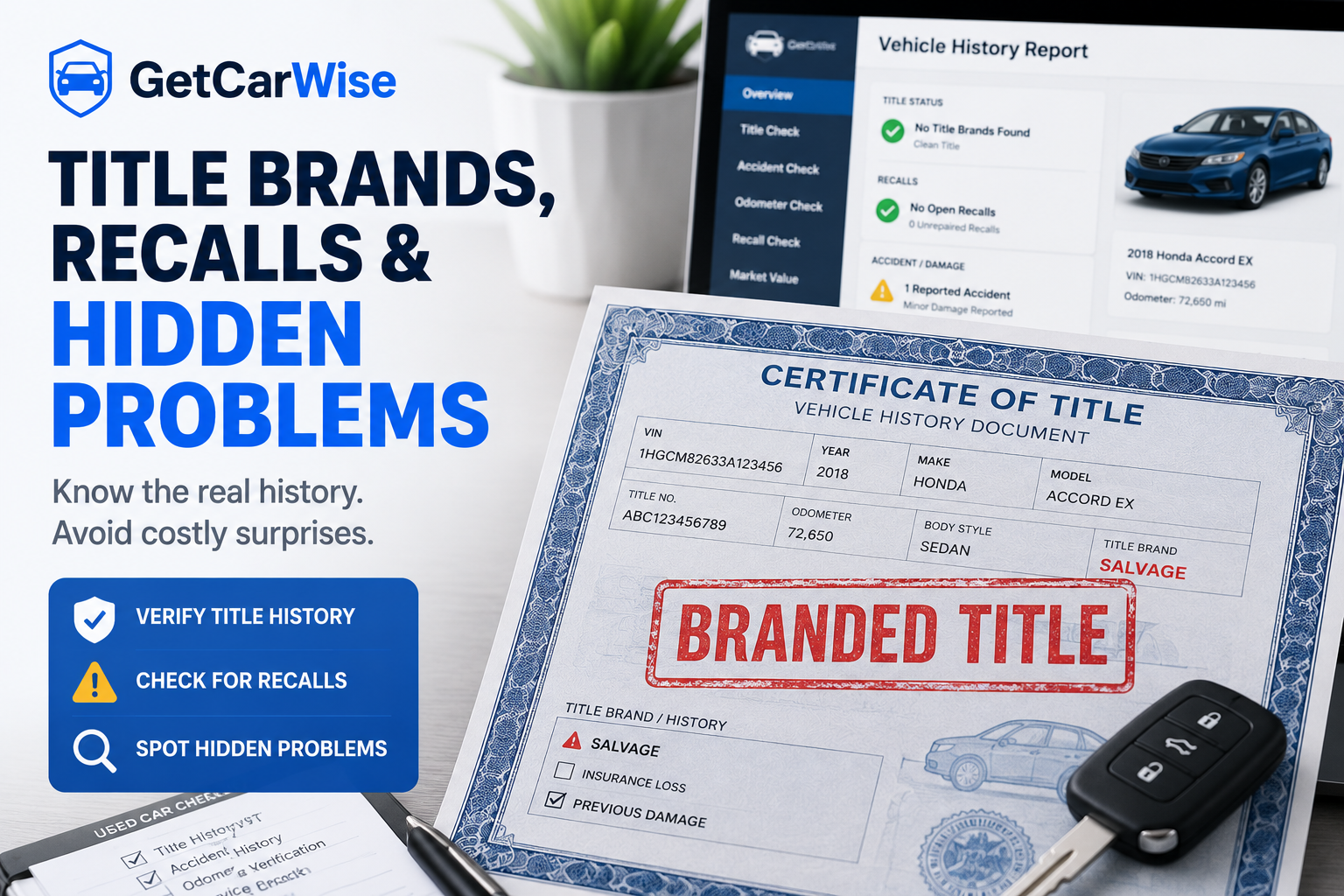 Used car title document showing branded title status alongside verification tools